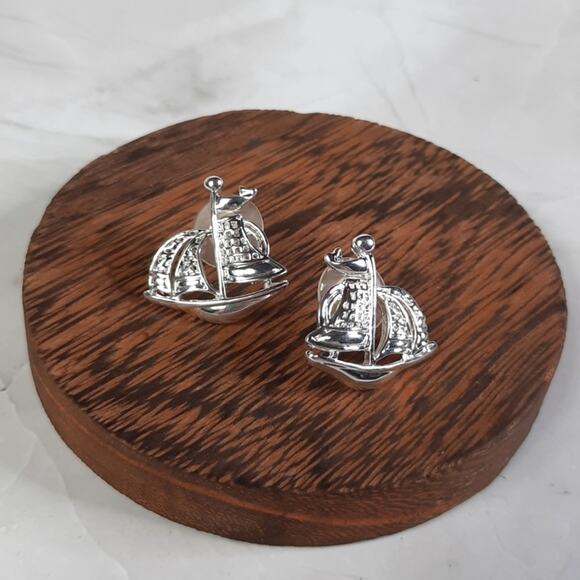 Silver Sailing Ship Post Earrings - Picture 1 of 4